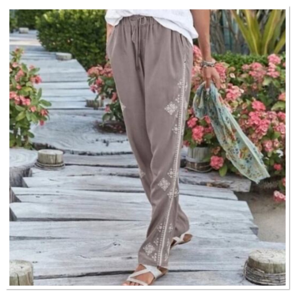 Sundance Tone It Up Embroidered Pants Taupe Size Medium